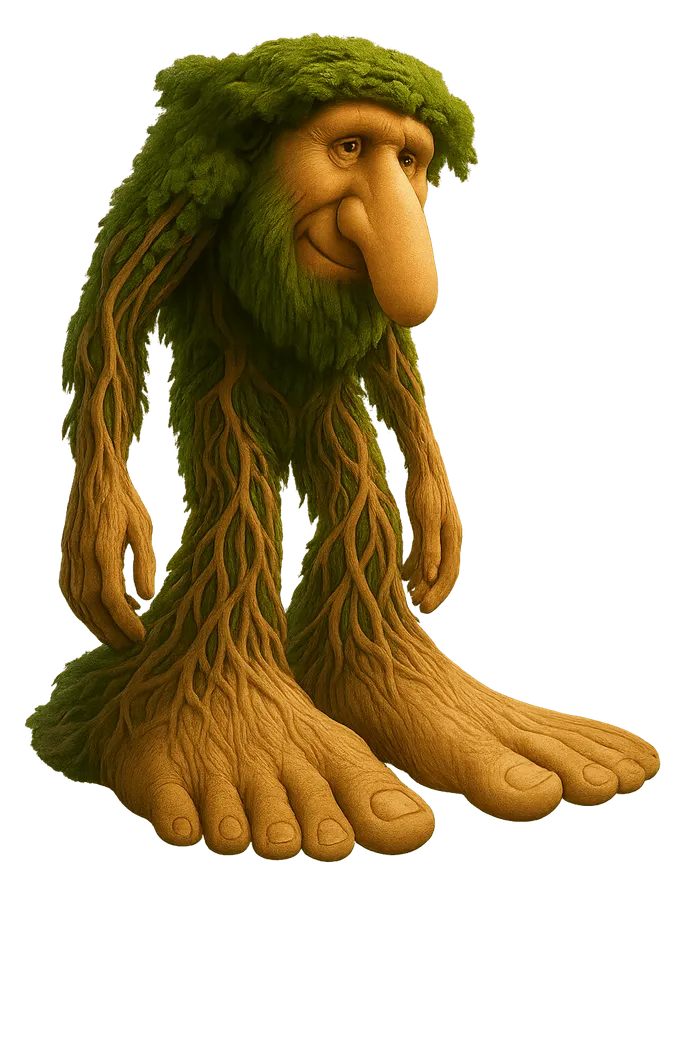 Brr Brr Patapim as he appears in the game: a forest creature with mossy hair, a long nose, root-like legs and very large feet