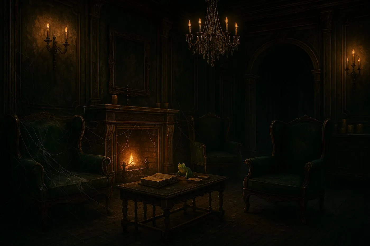 A dark gothic parlor with a fireplace, armchairs and a chandelier, from the game
