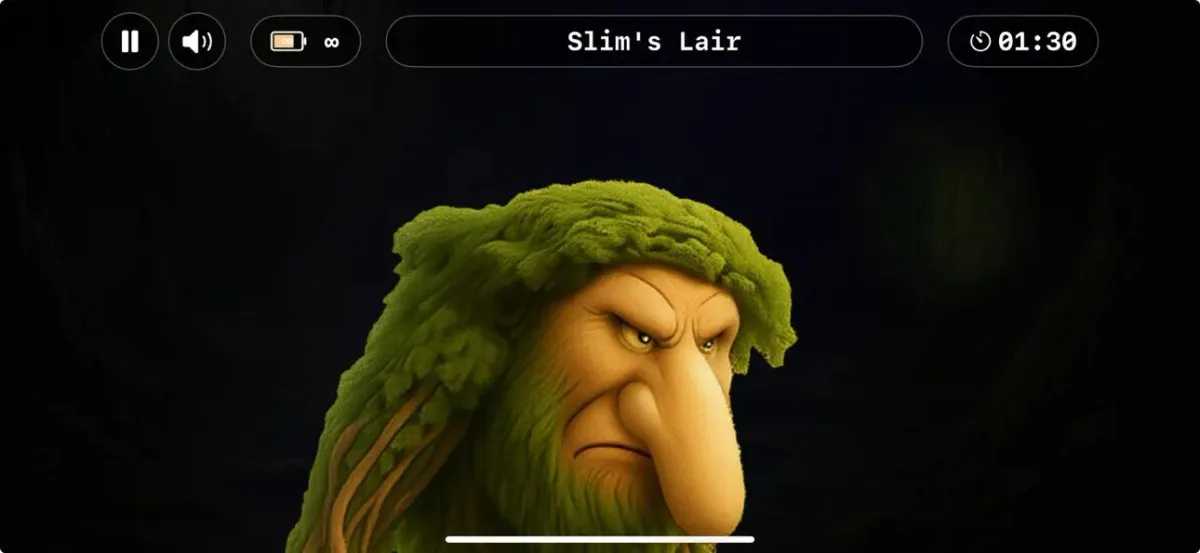 Game screen titled Slim's Lair with a 1:30 timer and Patapim's face appearing out of the dark