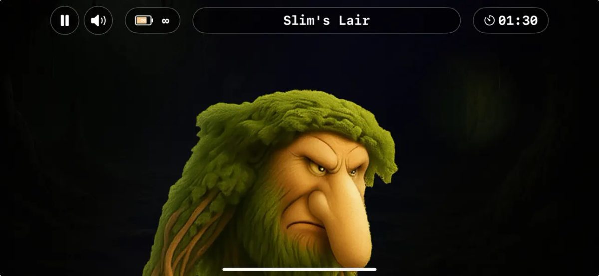Game screen titled Slim's Lair with a timer and Patapim's face appearing out of the dark