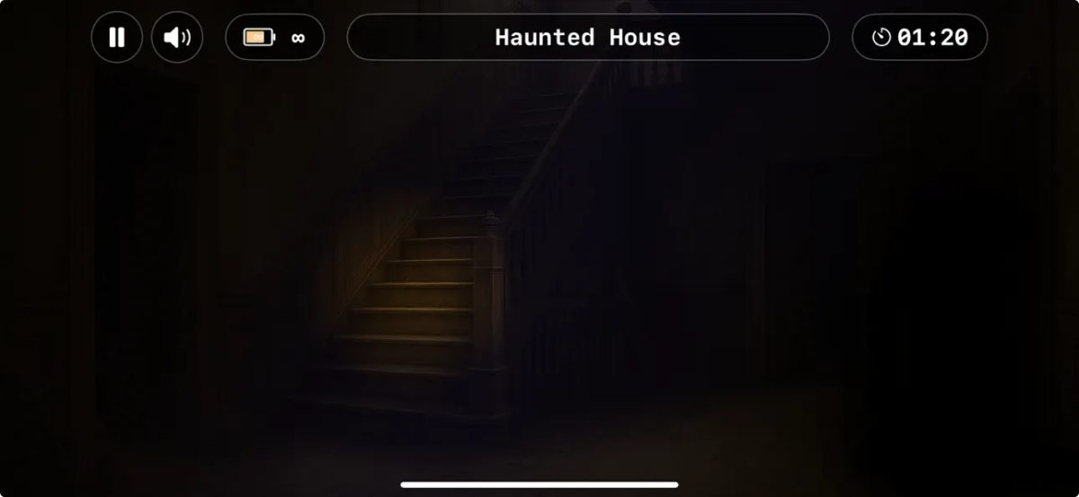Game screen titled Haunted House showing a dark staircase